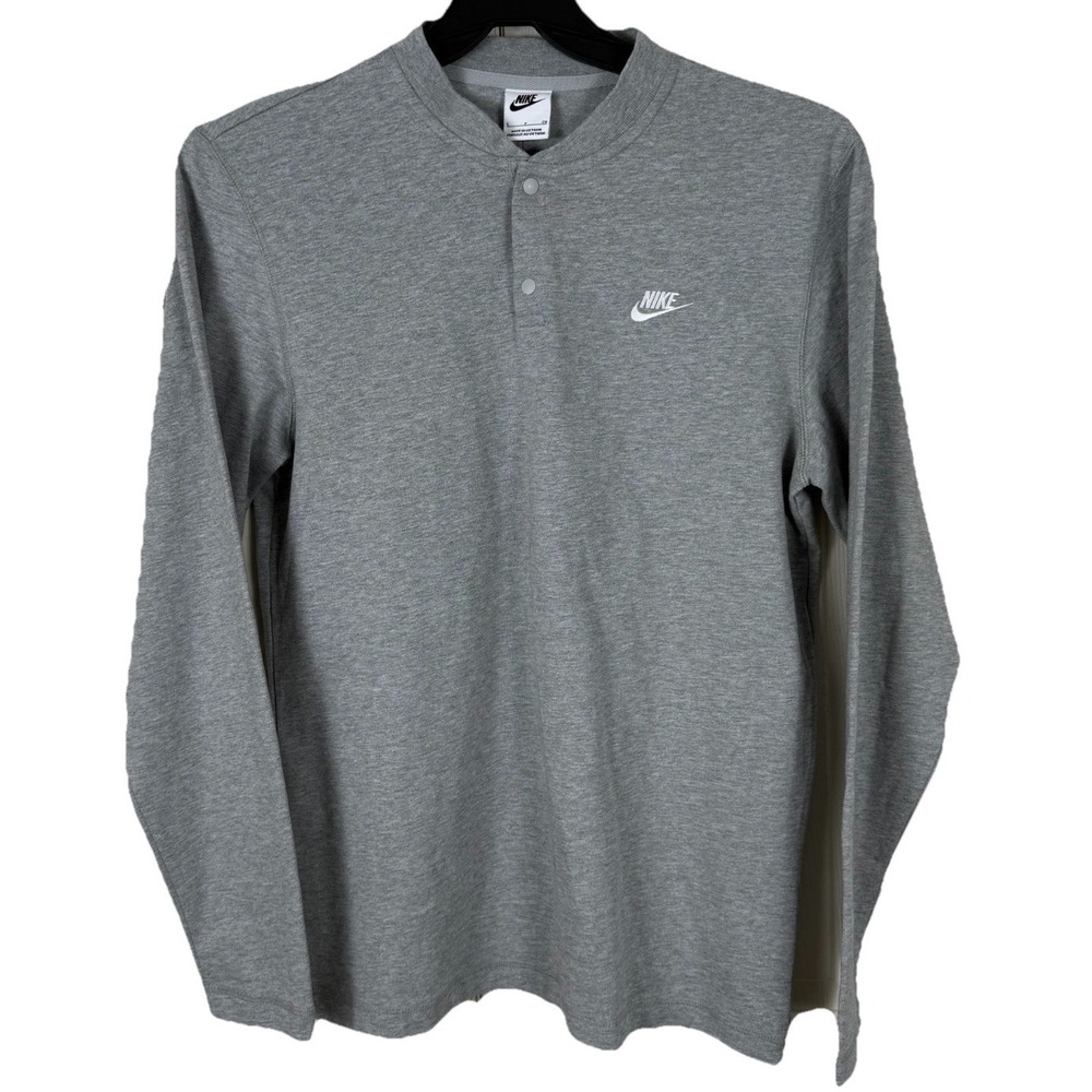 Nike Club Long Sleeve Henley Shirt Mens Small Gray Snap Swoosh‎ Sweatshirt NWT